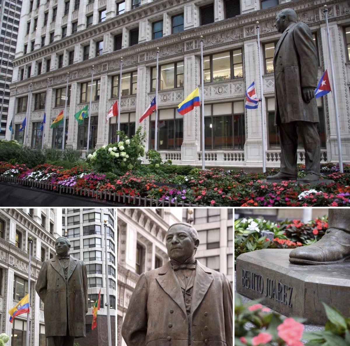 HechaEnChicago's tweet photo. 20 years ago this 16-foot statue of #BenitoJuarez— the first Native American president of Mexico —was donated to the city of Chicago. It stands in the Plaza of the Americas on the #MagnificentMile, in front of the old Tribune Tower 🇲🇽🇺🇸 https://t.co/DQWt6d6Irq