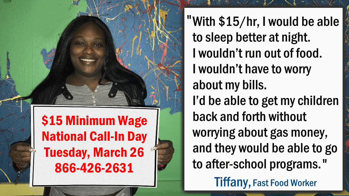 MoveOn's tweet photo. A $15 minimum wage means less worrying about covering the cost of basic necessities for ourselves and our families. 
Call and tell your Rep. to #RaiseTheWage on Tuesday, March 26, for the #FightFor15 national call-in day! 
CALL: 866-426-2631 https://t.co/bpHBx2TTb6