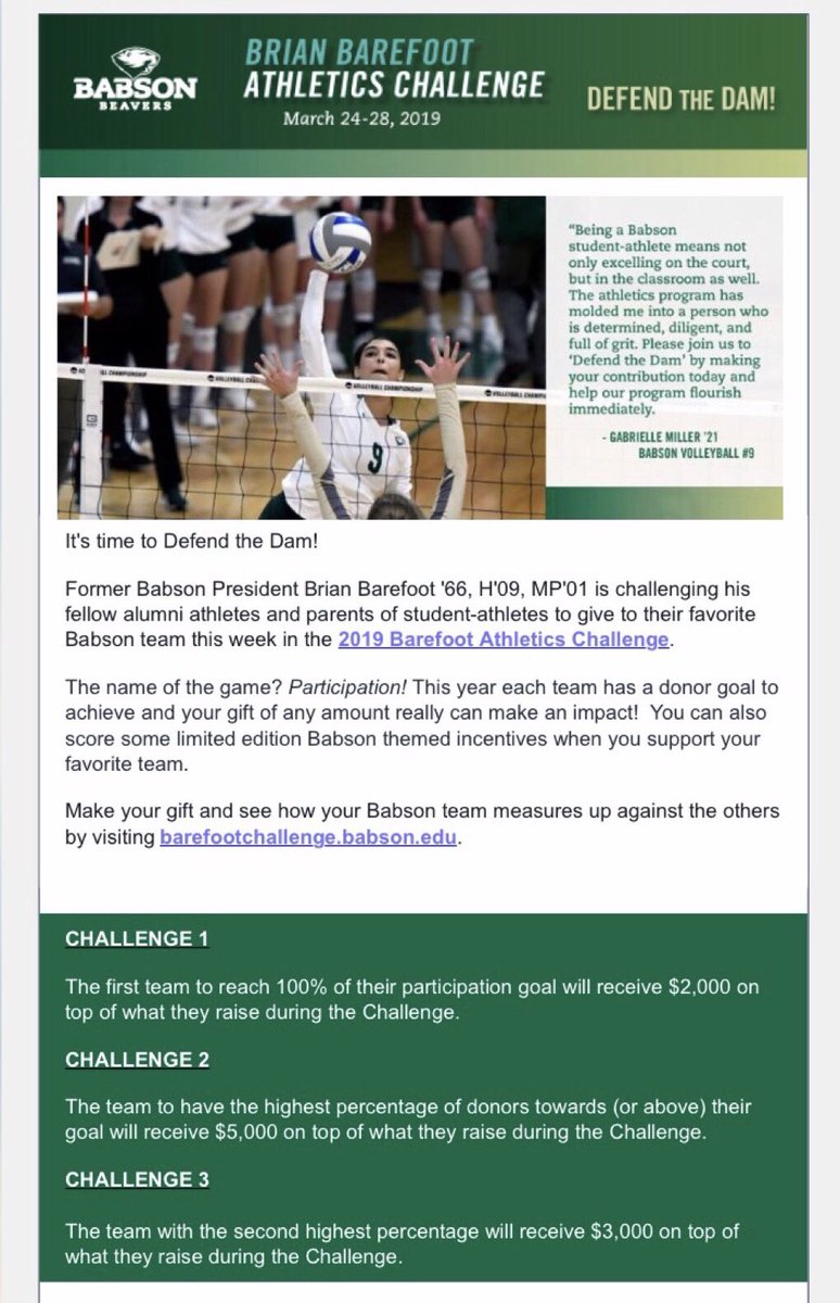 BabsonVB's tweet photo. Everybody ready? The Brian Barefoot Athletics Challenge is about to start! Help #BabsonVB be the FIRST team to hit our fundraising goal so we can get a BONUS GIFT for our team! https://t.co/h8BSFoUVqz