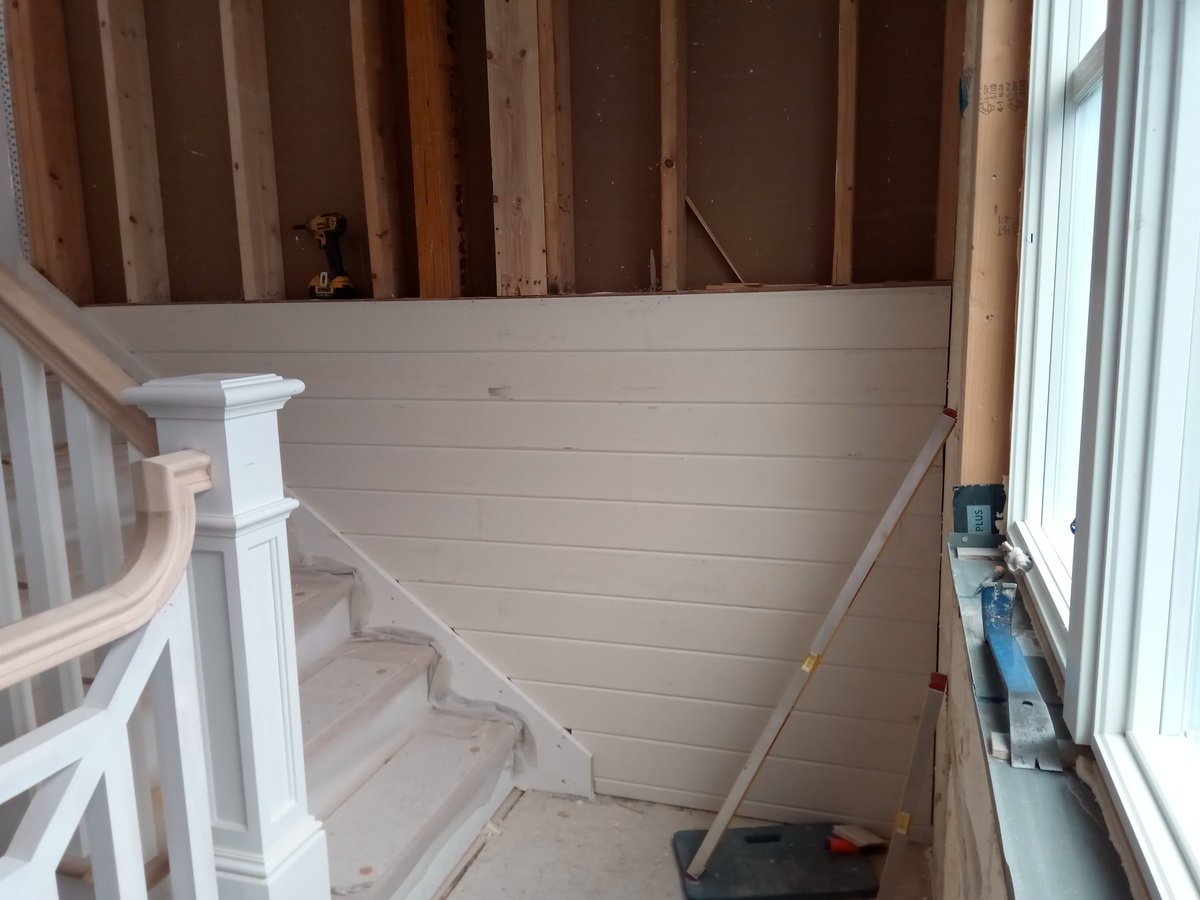 KAatMABC's tweet photo. V-groove wall work continues today. We're getting our exercise on these stairs these past couple weeks! https://t.co/RHBrtU543e
