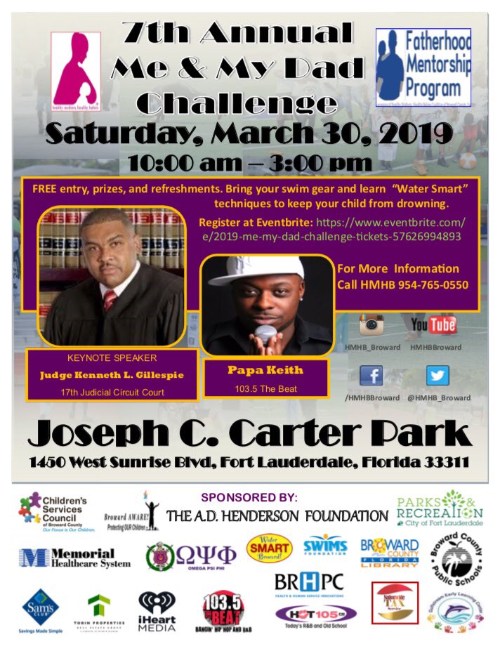 HMHB_Broward's tweet photo. Calling ALL dads and father figures!
Our Fatherhood Program 7th Annual Me & My Dad Challenge is NEXT Saturday, March 30th! We hope to see you all there! To register click this link https://t.co/zdkE0Fi4OC
#FatherhoodProgram #MeAndMyDadChallenge #BrowardCounty https://t.co/2BRCl4Pl8o