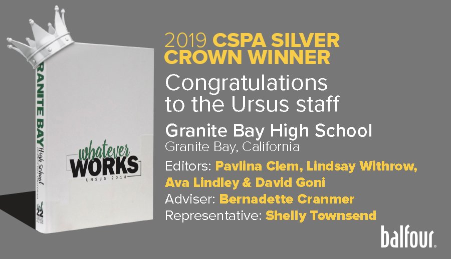BalfourYB's tweet photo. Congratulations to the Ursus staff for winning a 2019 Silver Crown from the Columbia Scholastic Press Association. The national award honors the 2018 Granite Bay yearbook. #cspasc19 @GraniteBayToday @GraniteBayHigh https://t.co/nqCg0McMA8
