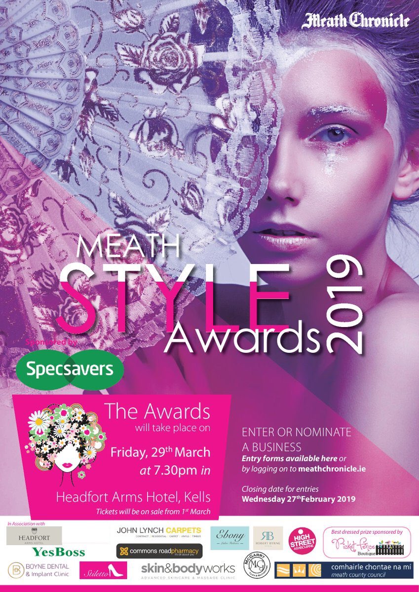 Headfort's tweet photo. We are delighted to both sponsor and host the #MeathStyleAwards 2019.
We still have a few tickets for the Gala Dinner available!
This amazing event will take place next #Friday, March 29th; tickets π« are β¬50 each and available from the hotel reception π² 046 924 0063. https://t.co/q0xkoz8OoK