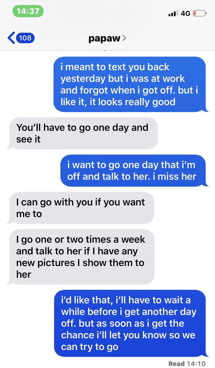 jbishop_22's tweet photo. my papaw sent me pictures of my mamaws headstone and this was the conversation we had. he really loved that woman y’all https://t.co/jPIFgclOHR