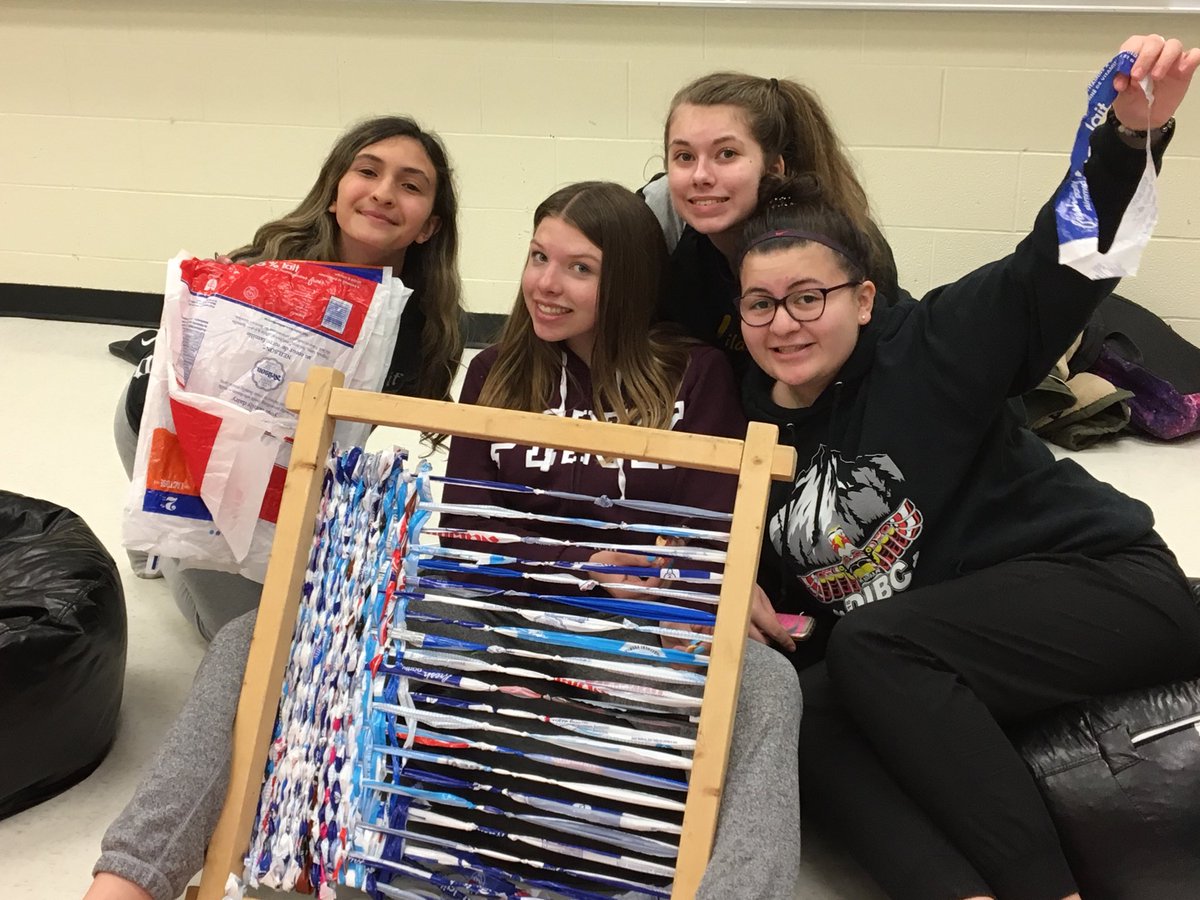 BowmanvilleHS's tweet photo. It’s #GirlsNightIn at BHS. Our #GirlTalk2019 group is working on our #MilkBagMat campaign. Excited about the #YouthForum on Monday! #makingadifference in our community! https://t.co/OPewE0J7ig