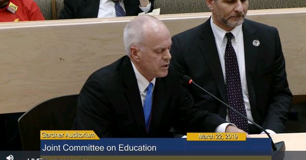 massupt's tweet photo. Michael Welch, Supt of Dedham, tells the story of the Dedham situation in front of the Joint Committee. #FBRCPlus https://t.co/wvUGtey1FP