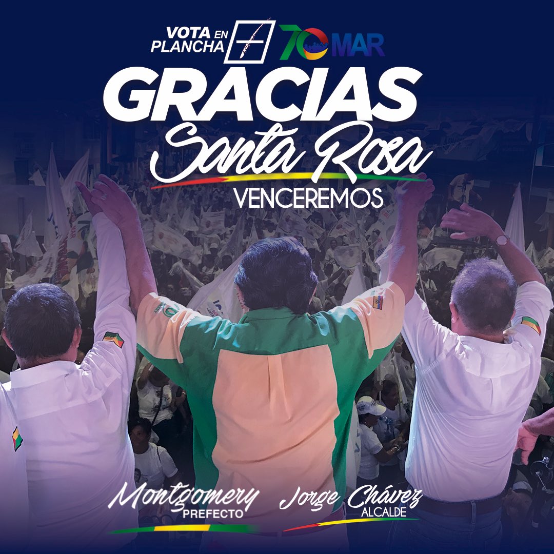 ElOroMAR70's tweet photo. Gracias #SantaRosa por creer en nosotros, gracias por confiar en la visión de futuro, progreso y desarrollo que @MongoSanchezR junto a @JorgeChavezV2 teienen planificada para los santarroseños.

#ElOroYaTienePrefectoAmigo
#MontgomeryPrefecto
#JorgeChávezAlcalde
#VotaTodo70MAR https://t.co/jzhSQQW857