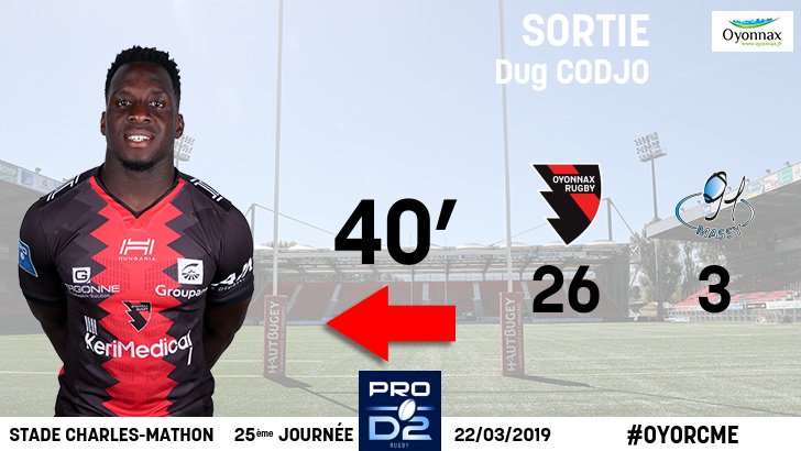 OyonnaxRugby's tweet photo. 40ème minute : Sortie de #Codjo #OYORCME https://t.co/icIgqs57Ft