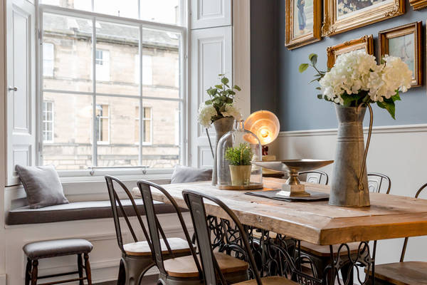 Pic 2- Bespoke bay window seats and matching cushions add additional vantage  points to appreciate beautiful @newtownedinburgh. Tired wee stool gets a  #makeover too. 
@jlandpartners @Photo_by_Chris @SquareFootMedia