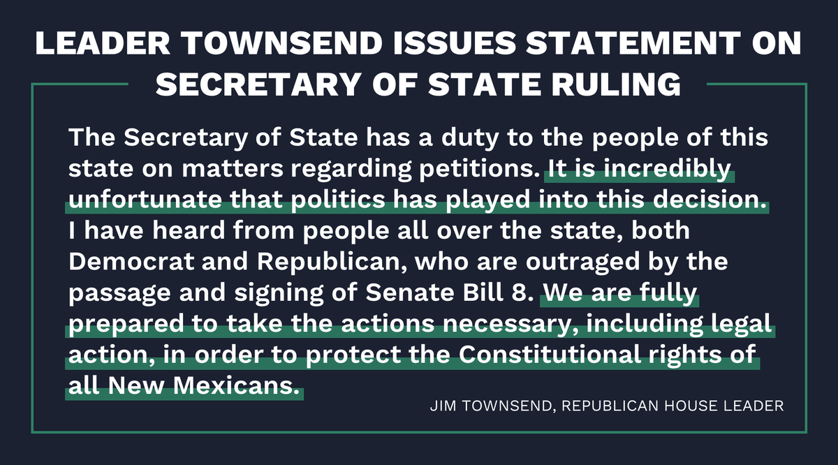 House Republican Leader Jim Townsend issued the following statement regarding the Secretary of State’s decision denying the petition to overturn anti 2nd amendment law, known as SB8 #nmleg #nmpol