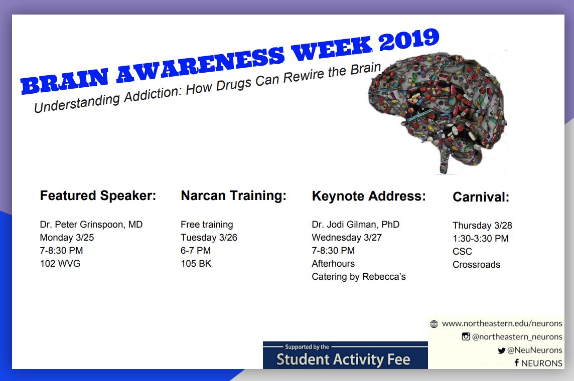 NortheasternCOS's tweet photo. Starting Monday 3/25, it is Brain Awareness Week 2019! This year's theme: Understanding Addiction - How Drugs can Rewire the Brain. Check out the events being put on next week! https://t.co/n1dAhcPyzO https://t.co/cHgKA8fW1q