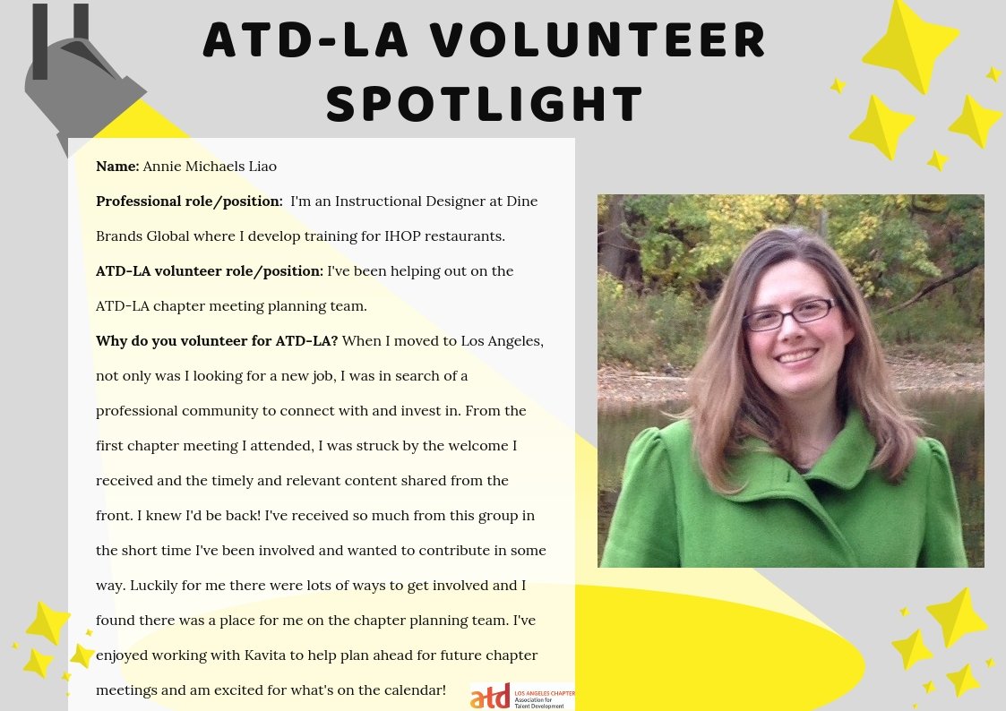 Happy Fri-yay!🎉🎊
We are so pumped to introduce our ATD-LA volunteer of the month Annie Michaels Liao!
Click the link for the full article now!⬇️
lnkd.in/gTZavXQ