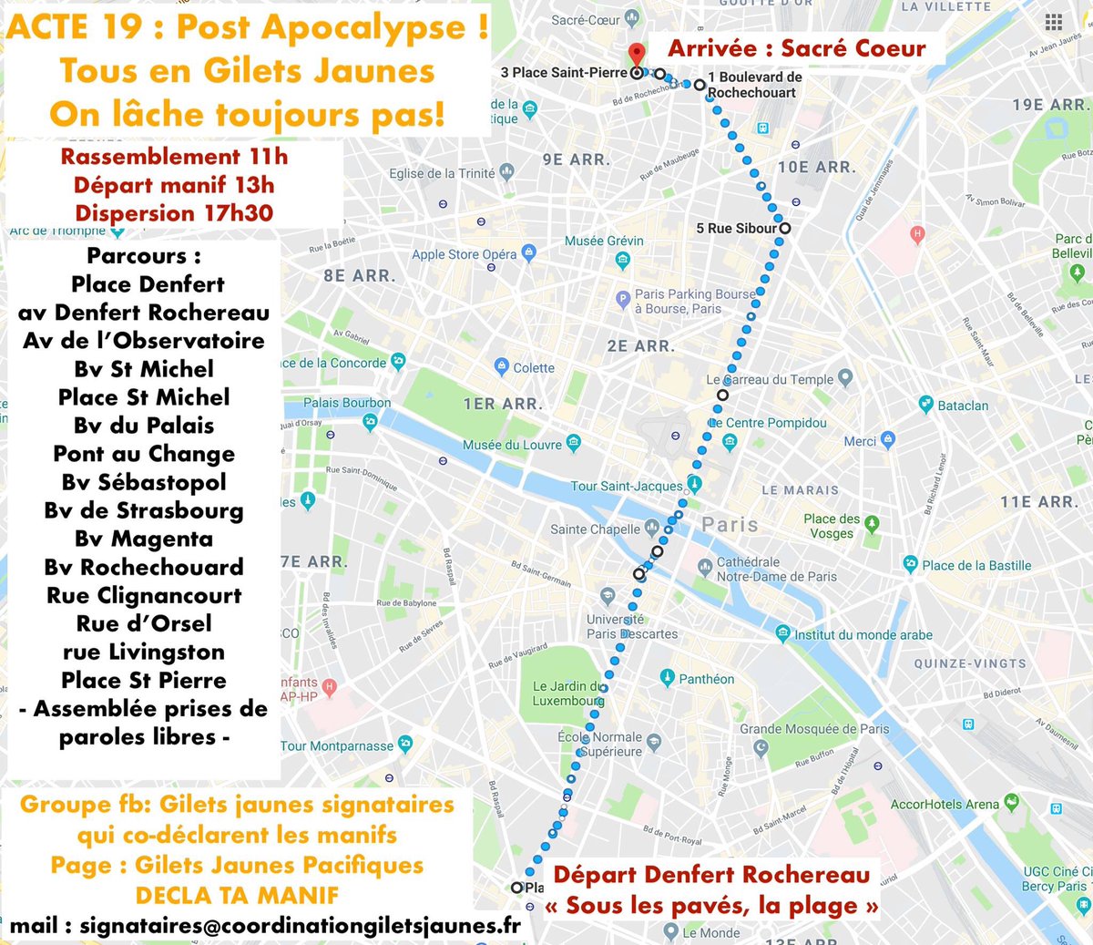 GiletsJaunesGo's tweet photo. 💥#PARIS -23/03/2019- #Acte19💥
Le groupe Gilets Jaunes Pacifiques appellent à se rassembler dès 11h du côté de Denfert-Rochereau, pour un départ du cortège prévu aux alentours de 13h, en direction du Sacré Cœur. @GJpacifiques
▪️[Manifestation déclarée]▪️
https://t.co/4OGue3Dk6c https://t.co/bPLNvUpl4v