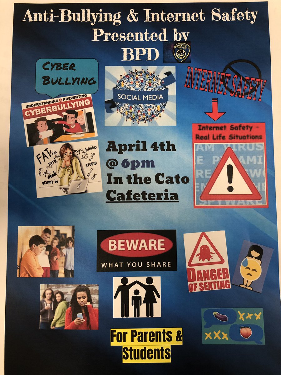 Parents, please join us on April 4th @ 6pm for a presentation put on by the Bakersfield Police Department. #teambcsd #teamcato