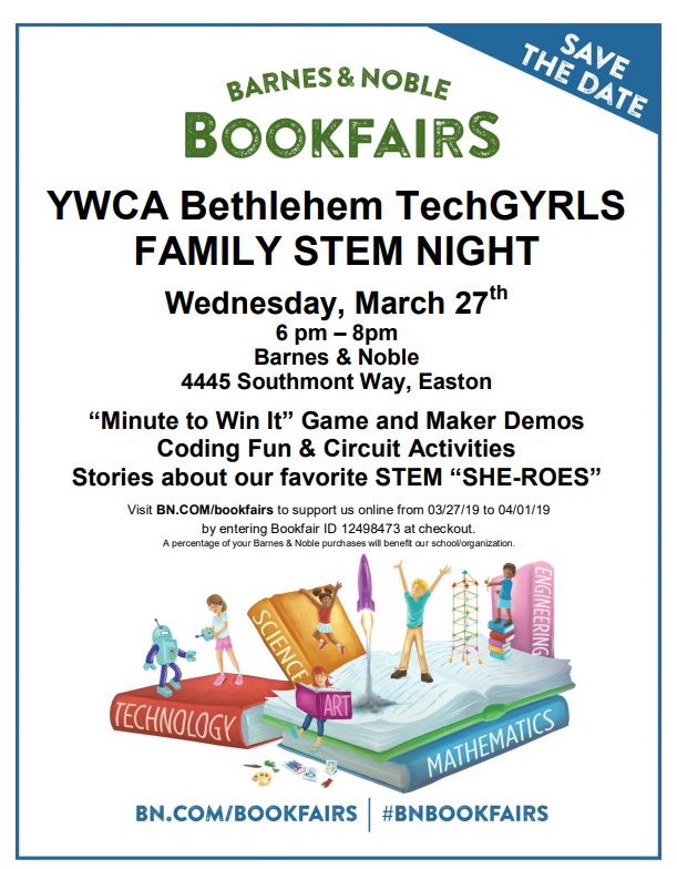 ywcabethlehem's tweet photo. Join us @BNBethlehem for a #TechGYRLS FUNdraiser on Wednesday, March 27th. Coding, Stories and Games...#STEM fun for the whole family!
#YWCABethlehem #BNBethlehem https://t.co/rN7JMShcA5