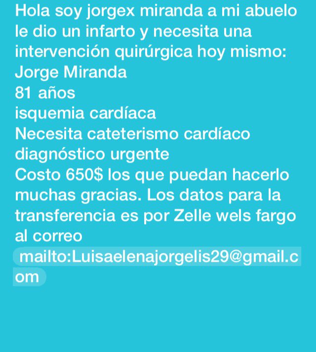 jorgexmirandaa's tweet photo. Jóvenes si me ayudan con un RT mi abuelo necesita una intervención quirúrgica de emergencia https://t.co/HVcNvnde3g