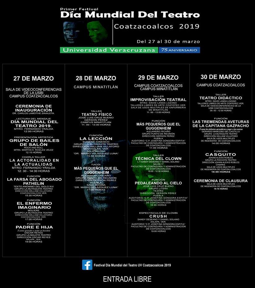 Primer Festival Día Mundial del Teatro UV Coatzacoalcos 2019
Programación general