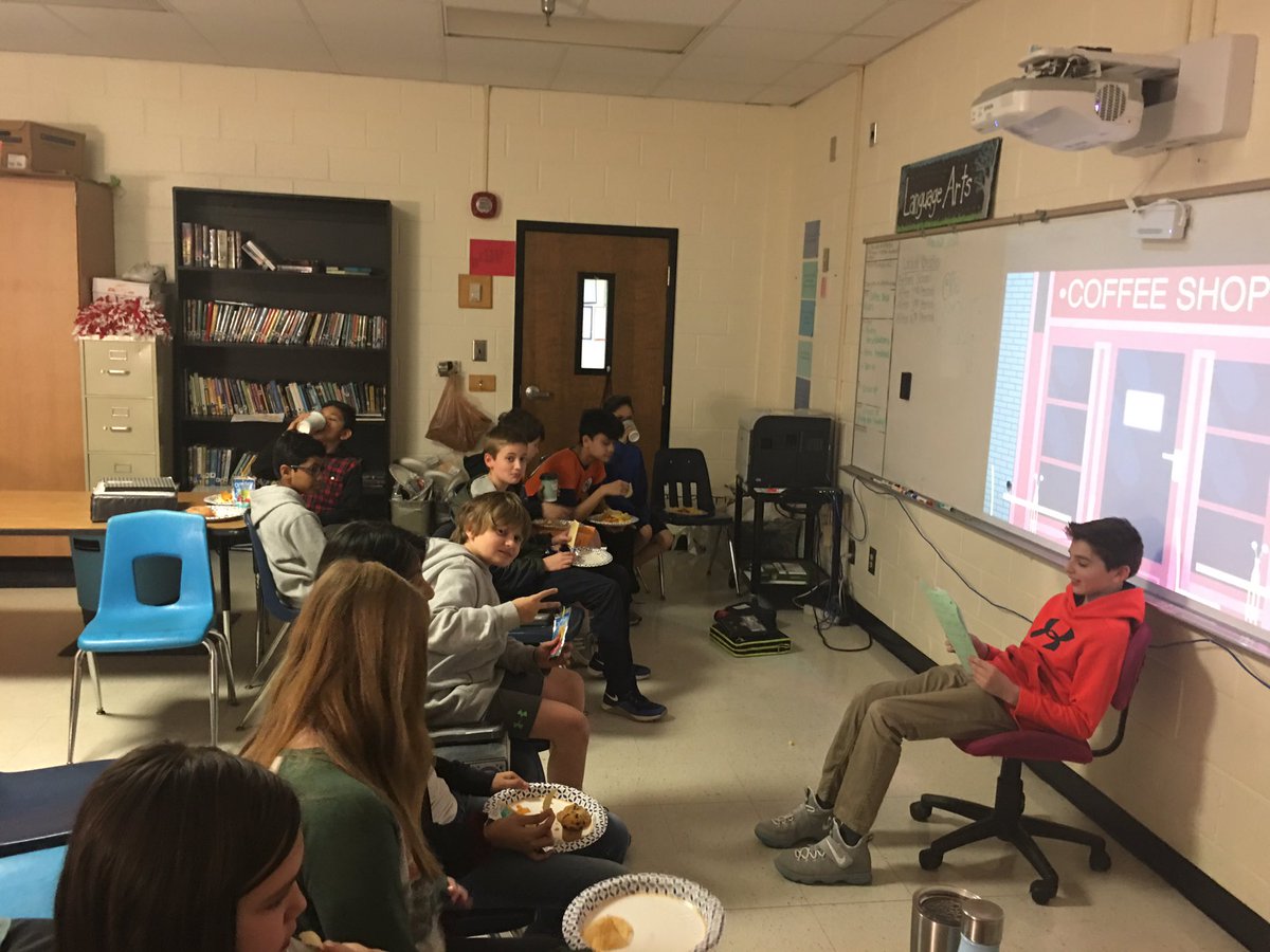 Burchamlovesbks's tweet photo. Students engaging in Coffee Shop Day and presenting their original poems and songs. Their ability to be supportive classmates and to present in various ways—from raps to ukulele songs—they slayed! #musicispoetry #classroomculturematters #crushinglit @myersHBMS @hbtvlive https://t.co/Q1fVt8rc8z