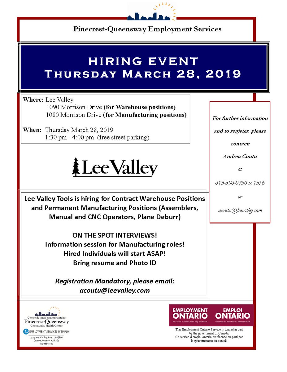 PQ_Employment's tweet photo. Mark your calendars for Lee Valley’s Hiring Event next Thursday, March 28th from 1:30 to 4! They will be conducting interviews on the spot for Warehouse and Manufacturing positions. Register now – details below! https://t.co/z44rfX5nBR