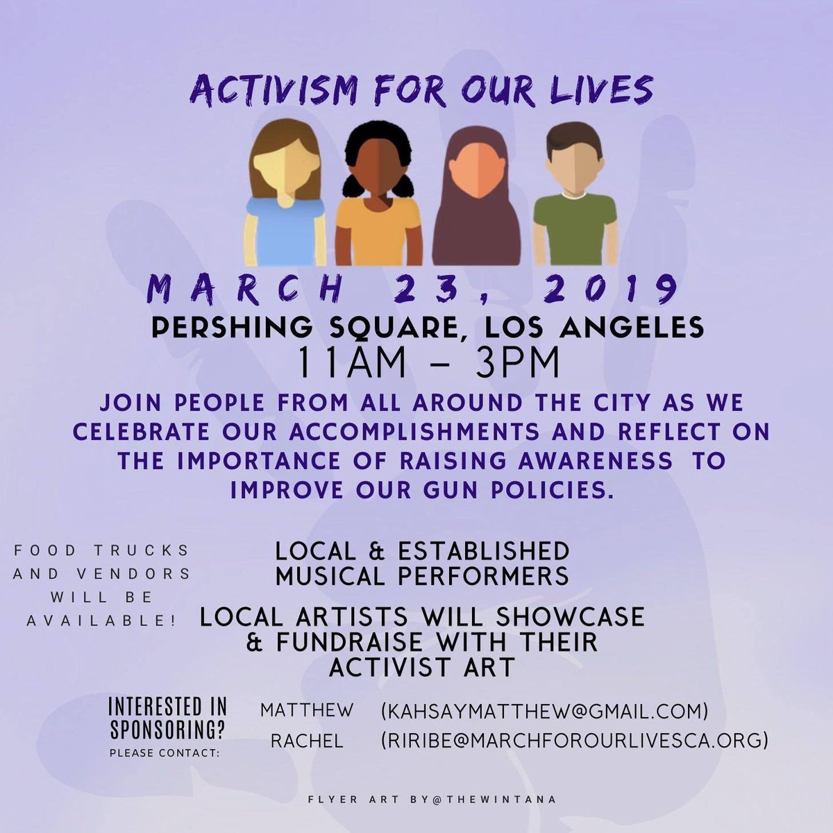 MFOL Los Angeles is hosting an “Activism For Our Lives” event on Saturday from 11 AM - 3 PM at Pershing Square.

Listen to some live music as local artists showcase their activist art! 🎨