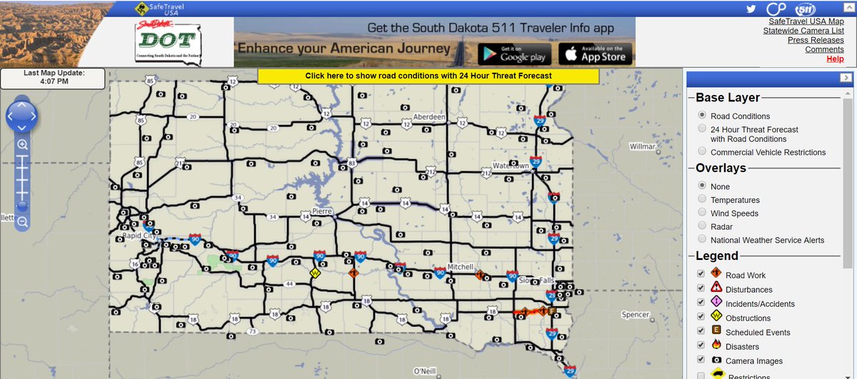 SouthDakotaDOT's tweet image. Be in the Know! As the flood waters continue to rise, be sure you are keeping up-to-date on what state highways have water over them &amp;amp; what roads/bridges are closed. Sign up today at safetravelusa.com/sd/cp511, choose your routes or choose them all. #sdwx #themoreyouknow #sddot511