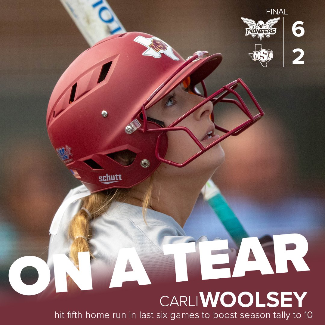 MSUMustangs's tweet photo. SOFTBALL: Senior @CarliFries_ (Carli Woolsey) connected for her fifth home run in the last six games boosting her season total to 10 Friday against Texas Womans #StangGang https://t.co/50OP9WJUsm