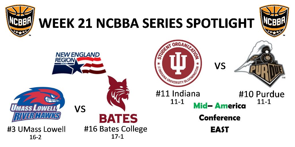 TheNCBBA's tweet photo. Week 21 NCBBA Series Spotlight:

#3 UMass Lowell travels to #16 Bates to compete for #1 spot in New England - North.

#10 Purdue hosts #11 Indiana with both teams tied at top of Mid-America - East standings.

Winners of each series clinch postseason births! https://t.co/ihO3955jAR