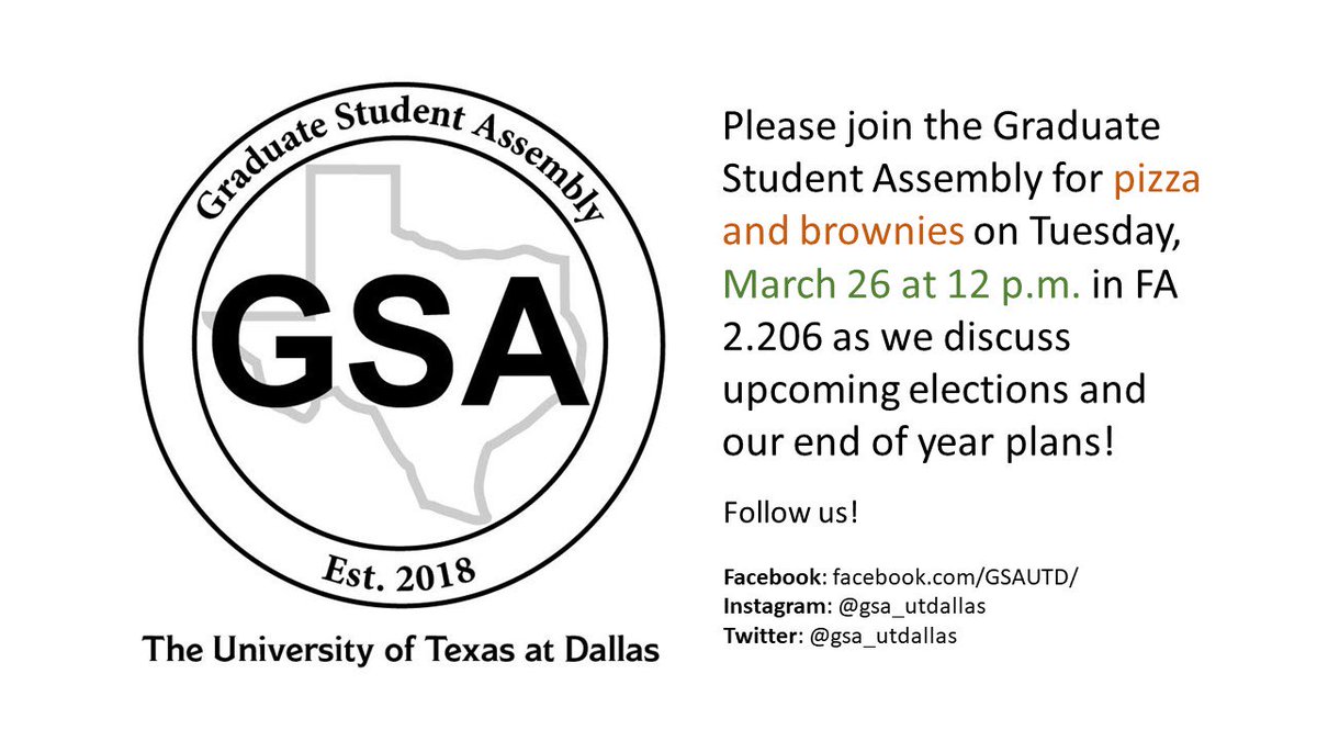 gsa_utdallas's tweet image. Free pizza and brownies!!!
#gsautd #utdallas #gradschool