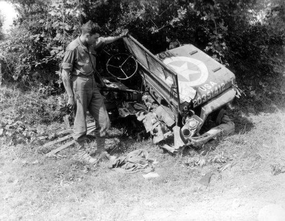 WW2Vehicles's tweet image. US Willys Jeep, or what&apos;s left of it after hitting an anti-tank mine on the road to Saint-Seva