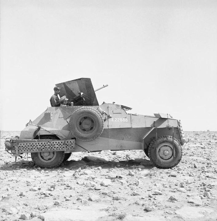 WW2Vehicles's tweet image. A Marmon-Herrington Mk II armoured car armed with an Italian Breda 20mm gun, near Tobruk, 8 May 1941.
