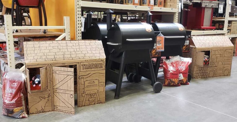 New Traeger boxes can be flipped inside out to reveal a kids play house. Really cool idea so we incorporated it into our display. We are already getting lots of great comments on it from the kids and their parents!!!! 442 #dynamicd18