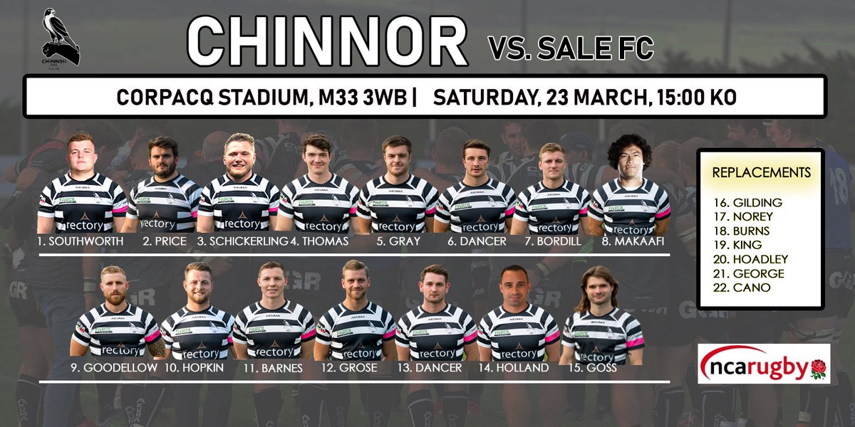The @ChinnorRugby side travelling to <a href="/SaleFC/">Sale FC Rugby</a> for round 26 of @nca_rugby <a href="/national1_rugby/">National 1 Rugby</a> 

#protectthenest #nat1 #chinnor #thame #chinnorrugby