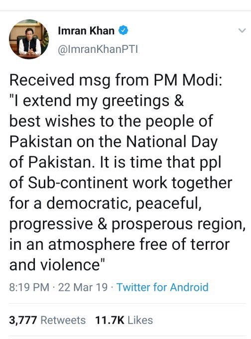 shaikhmustkim93's tweet photo. While Modi tries eye washing the Indian People that we are boycotting Pakistan's National day after the gruesome Pak supported Pulwama attack But the reality is #ModiLovesPak and Imran Khan exposes his double standards by confirming he received msg from Modi
#BoycottPakDay https://t.co/65L97rZhCC