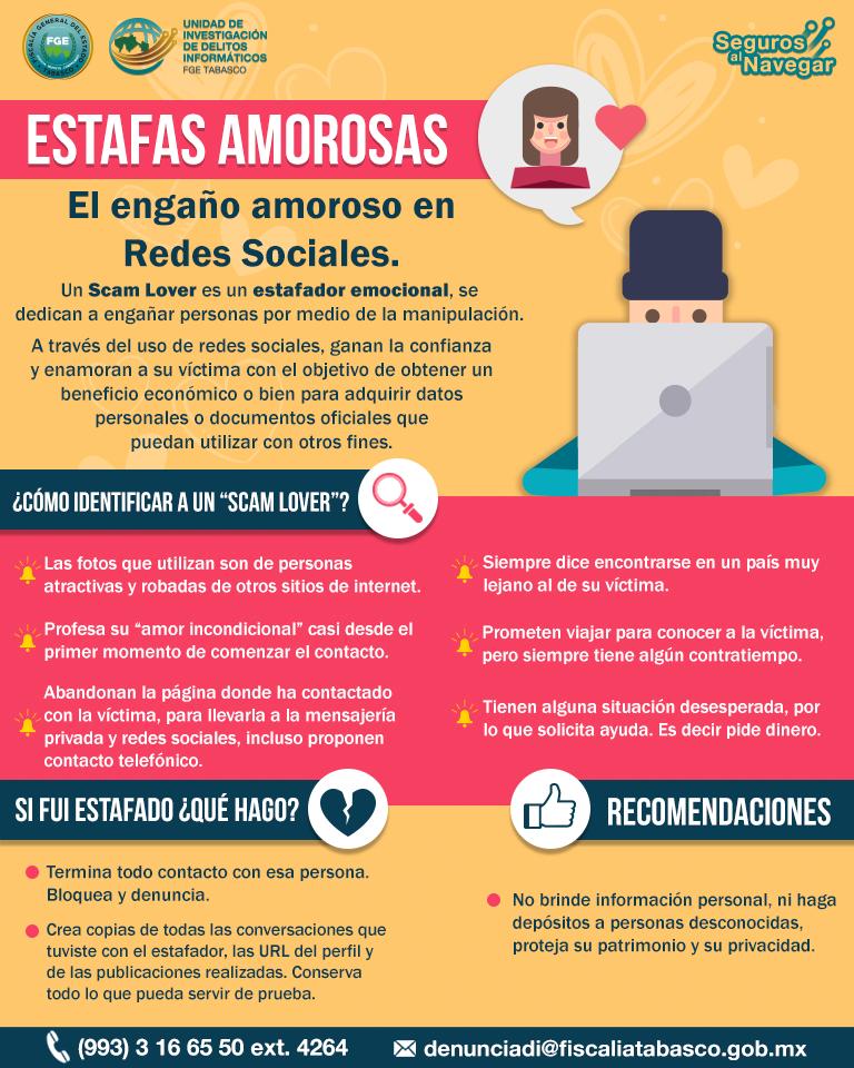 FGETabasco's tweet photo. Evita ser víctima de fraudes a través de medios digitales. Aprende cómo identificar a un estafador emocional #ScamLover y qué hacer ante un hecho de esta naturaleza. #PrevenciónDelDelito 🖥👮♂️ https://t.co/eJWg9NEJ0w