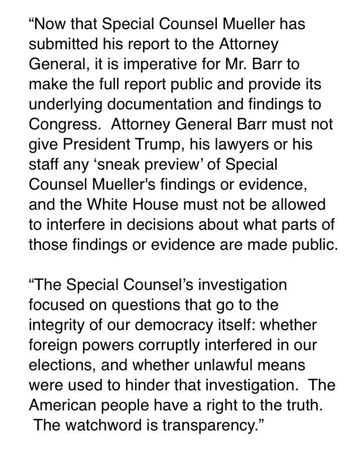 ProgressPostdly's tweet photo. Statement from @SpeakerPelosi &amp; @SenSchumer calling for full release of the Mueller Report: https://t.co/gpIuNLKNUz
