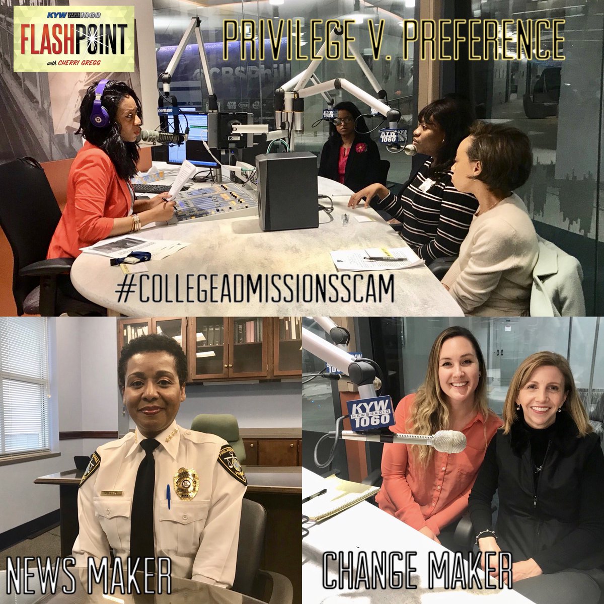 LISTEN AT 8:30 AM @KYWNewsradio --> bit.ly/2CjXz2t

#CollegeAdmissionsScam - @PhilaNAACP, Farah Jimenez @PhilaEdFund, Kimberley Lewis @PhillyFutures and @LafCol student talk Privilege v. Preference

@PhillyPrisons first female commissioner

@Vision2020women on #Women100