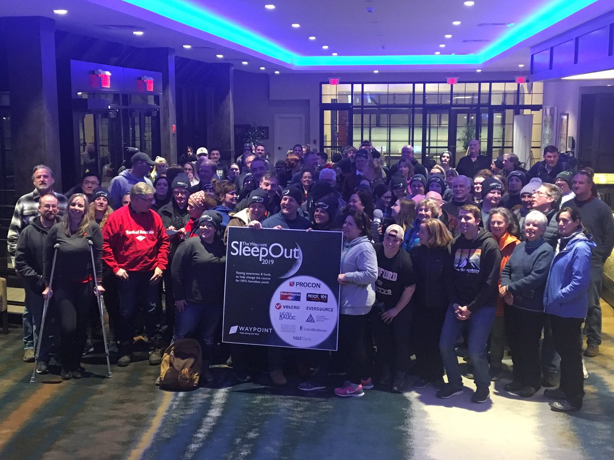 WMUR9's tweet photo. .@WaypointNH SleepOut 2019 @GovChrisSununu @MayorJoyceCraig & @RepChrisPappas are among this group sleeping outside in Manchester tonight to raise awareness and $$ to combat youth homelessness #NoRestUntil via @SlopezWMUR https://t.co/bW3fVRbPJp