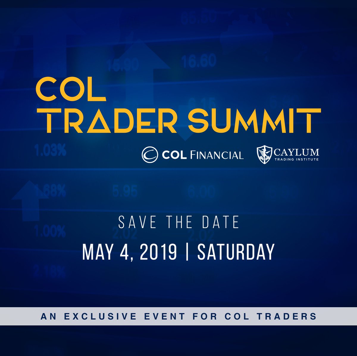 colfinancial's tweet photo. Sharpen your trading tactics and develop a winning trader's mindset with some of the country's best traders at the COL Trader Summit 2019.

Save the date:
COL Trader Summit
May 4, 2019

Details coming soon for this COL client-exclusive event.

#COLTraderSummit #COLFinancial https://t.co/7L8rsmBQD6