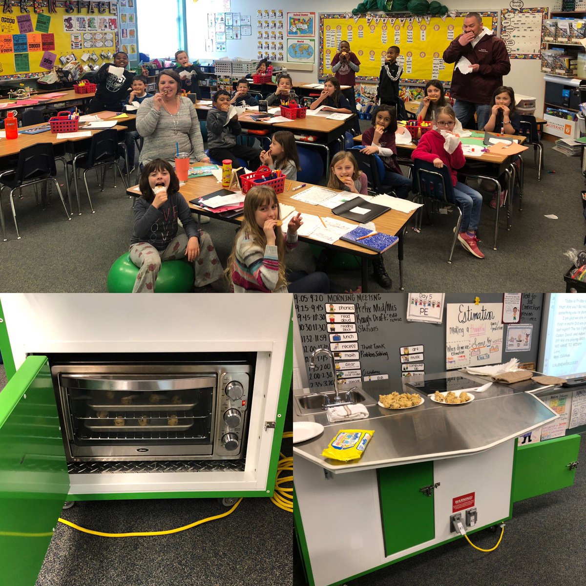 MrsCallahanRRES's tweet photo. Today was busy in room 17! We have been working on descriptive writings all week-our favorite foods! All week I modeled with my favorite, chocolate chip cookies! We rolled in the portable kitchen to cook and enjoyed some cookies with @NRoman1021! @RockyRunES #rr_buldogs https://t.co/YDPU04AI6A