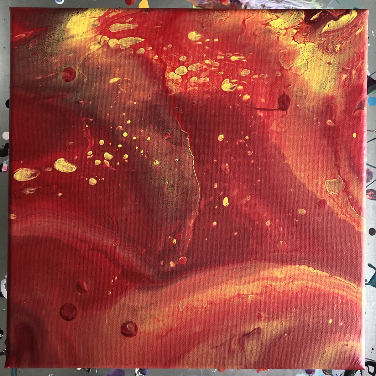 RadMassiveArt's tweet photo. My body’s been rebelling against me this week—here’s a pretty painting to distract from that (is it lava, or is it my insides? 🤣). TGIF!

#paintpour #firecolors #warmth #lavaflow #alaskanartist #radmassive https://t.co/HT7yvlU8P0
