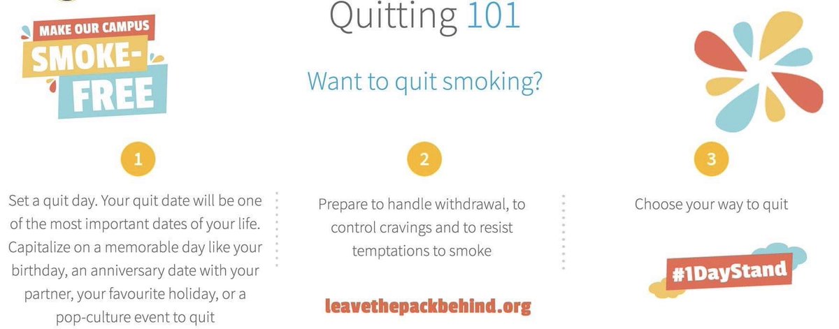 SmokeFreeBrock's tweet photo. Quitting 101! Any day can be your quit day, here is a three-step process to guide you in the right directions! 
Step1️⃣: Set a quit date📆
Step2️⃣: Prepare to handle withdrawal 🏃🏼‍♀️
Step 3️⃣: Choose your way to quit👩‍💻
Visit https://t.co/b9JpbEb7NF https://t.co/laeAmFz9XG