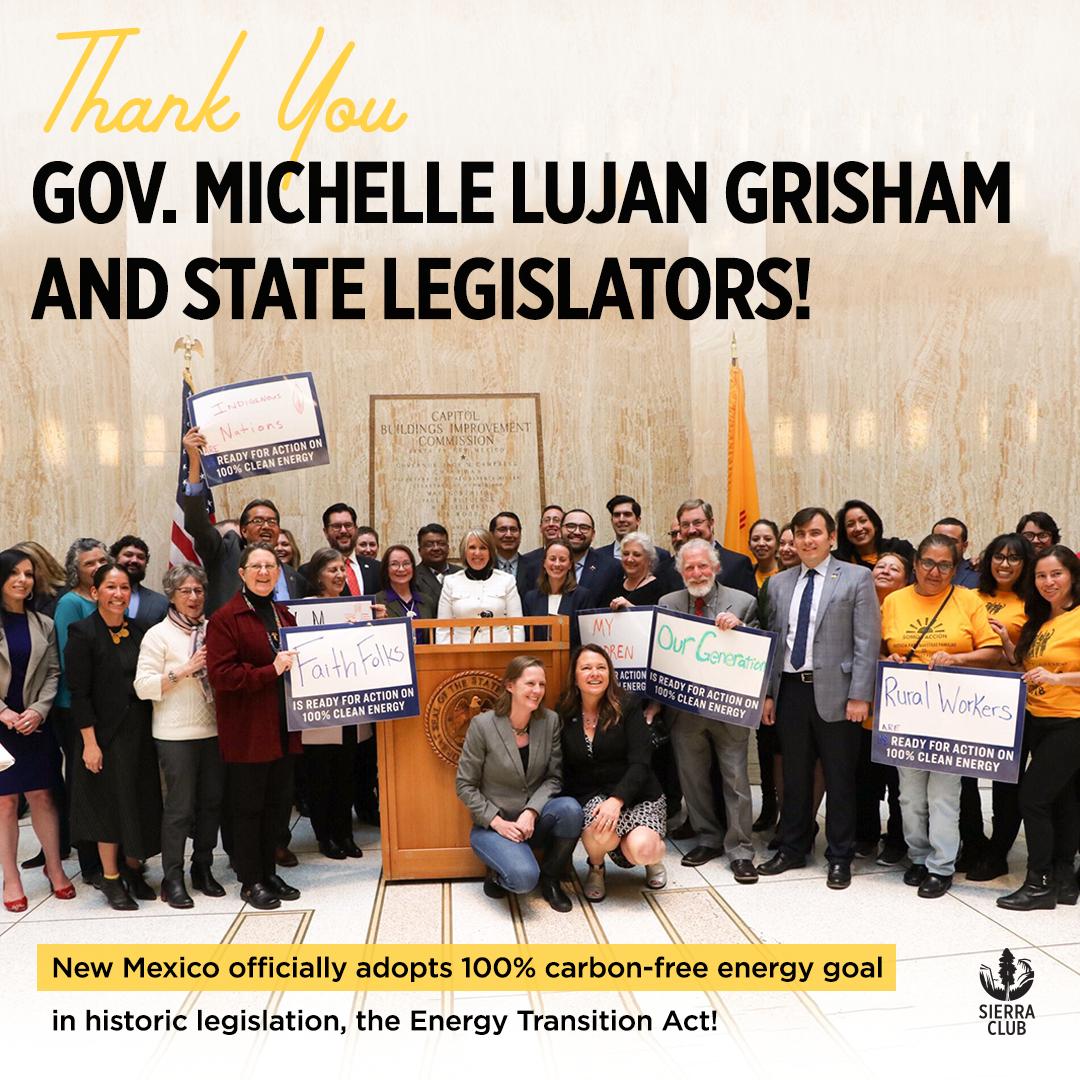 SierraClub's tweet photo. THANKS @GovMLG for signing #EnergyTransitionAct #SB489 & @sen_mimistewart @sencandelaria @jerryfornm @NathanLCNM @proybalcaballer @BrianEgolf @senatorwirth @sencsanchez Sen. Stefanics & Sen. Tallman for supporting #NM 100% carbon-free! https://t.co/Y5MnP298ZE #ReadyFor100Action https://t.co/mIxt3MZPAG