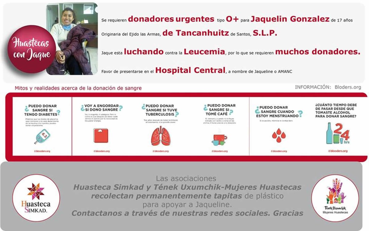 pignedo's tweet photo. Se solicitan donador@s  de sangre urgentes tipo O+ para Jaque Glz de 17 años que lucha contra la leucemia favor de presentarse en el Hospital Central SLP.  #HuastecasConJaque #MujeresEnSororidad #TénekUxumchik #MujeresHuastecas https://t.co/2E9TwKsWw0