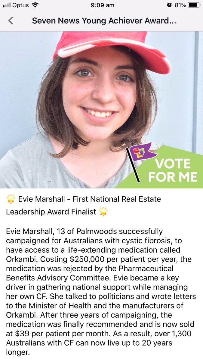 Sonia Marshall (@smarshallcfmum) on Twitter photo Evie - finalist in QLD 7 News Young Achievers Leadership category for advocacy #Orkambi @GregHuntMP <a href="/VertexPharma/">Vertex Pharmaceuticals</a> Evie - finalist in QLD 7 News Young Achievers Leadership category for advocacy #Orkambi @GregHuntMP <a href="/VertexPharma/">Vertex Pharmaceuticals</a>