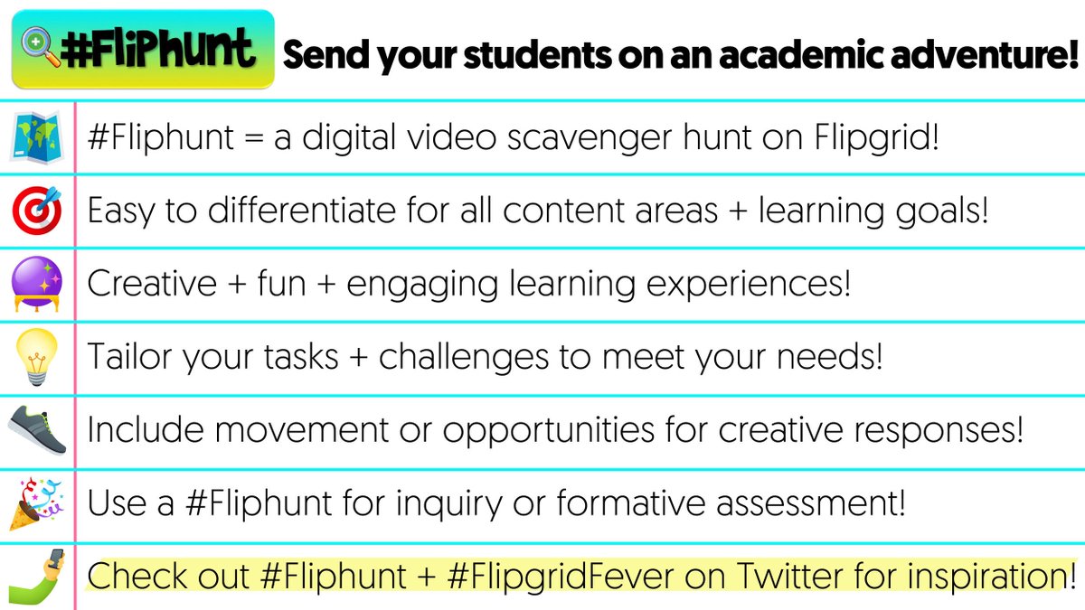 TCEA's tweet image. Been on a #FlipHunt? Fliphunts is an engaging way to get Ss moving and having fun while exploring your curriculum. @Flipgrid + @kerszi shares everything you need to know to create and use a #Fliphunt💚
ow.ly/7elM50nyGJ5 #flipgrid #flipgridfever #k12 #edtech