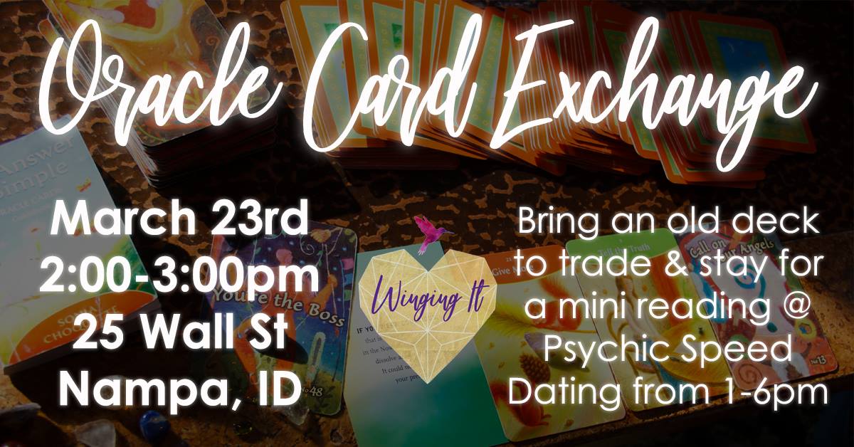 WingingArts's tweet photo. Psychic Fair on Saturday at Winging It from 1-6 PM.  Activities include an Oracle Card Exchange at 2 PM and Psychic Speed dating all afternoon!  Come connect with some amazing intuitives and possible leave with a new (to You) oracle deck!  https://t.co/fXrRixW6TW https://t.co/3VcWF5ce7l