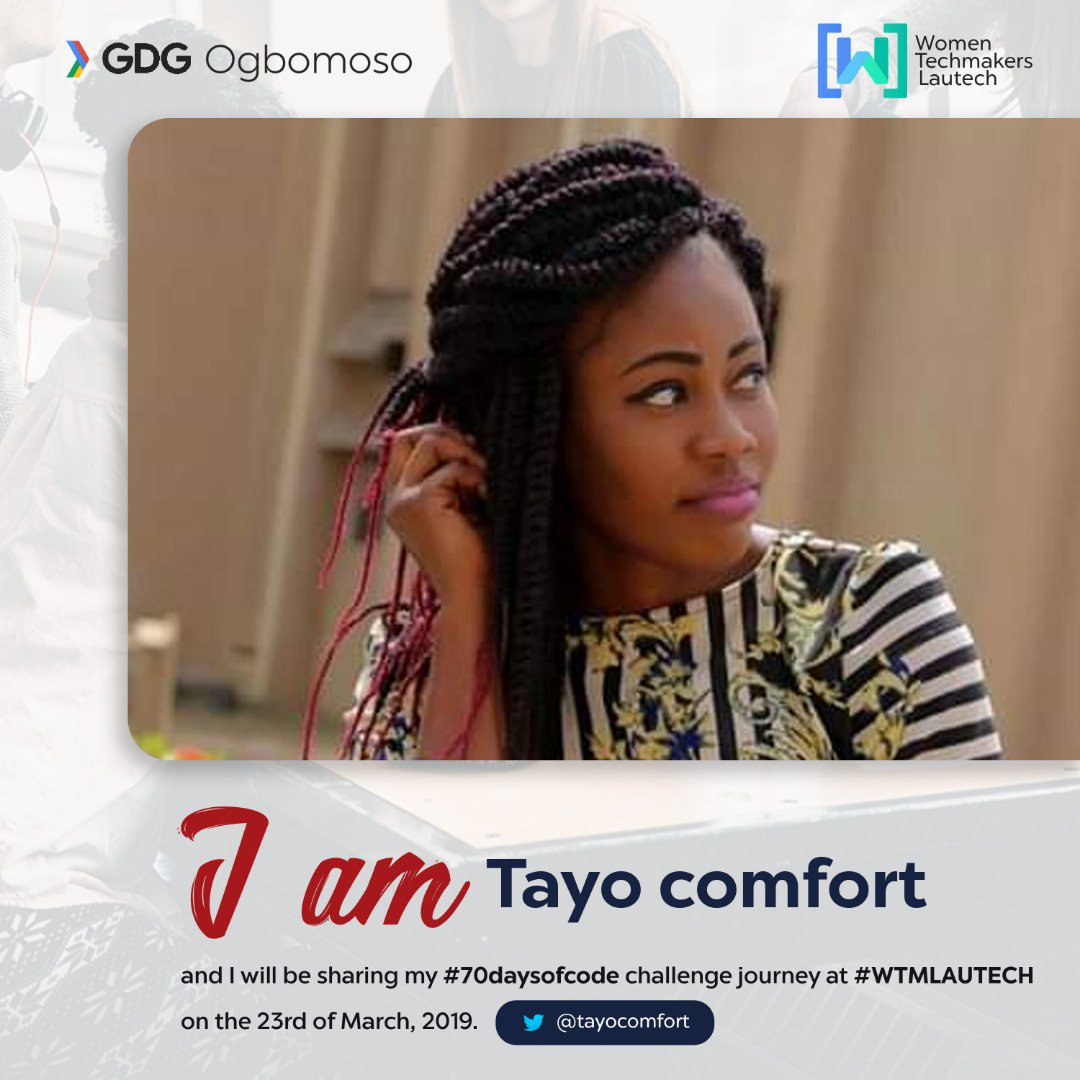 wtmogbomoso's tweet photo. It is today, dont miss it and tell a friend to tell a friend. We will have some of our #70daysofcode participant come share their story. @TayoComfort @Yusufyetunde13 #womenintech #wtm19 #wtmlautech #IWD2019 #iwdogbomoso @WomenTechmakers https://t.co/mXYRwjgtyK