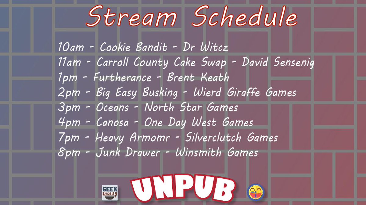 HappyFunTimeBGs's tweet photo. @TheUnpub @cookiebandit @drwictz @JealousCatGames @ZZBrent @WeirdGiraffes @NorthStarGames @OneDayWestGames @SilverclutchLLC @WinsmithGames  Streaming live tomorrow at #unpub9. Catch us here or on the Geek Spiel Twitch Channel. https://t.co/2YMQdGdRzb