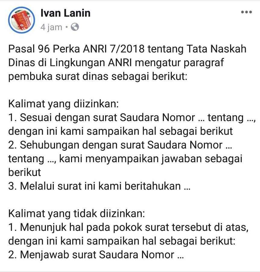 Ivan Lanin On Twitter Tentang Kalimat Pembuka Dan Penutup Surat Dinas