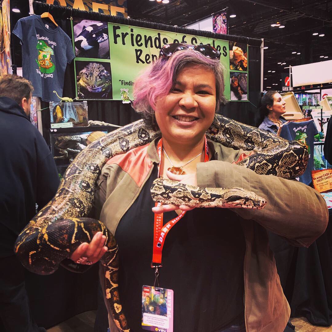 GeekMelange's tweet photo. So this happened at #C2E2: made friends with a sweetie boa constrictor named Rocky &amp; a delightful gives-no-fucks blue tongue skink. Give the @FriendsofScales folks some 💖 at the con tomorrow, they’re great! https://t.co/CpITHPf06U